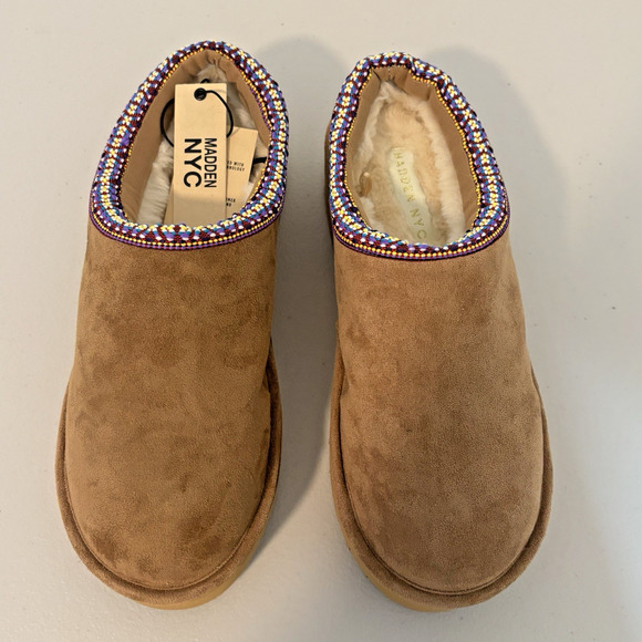 Madden NYC Women’s Cognac Faux Suede Platform Mules Fur Lined Size 10 - Picture 3 of 15